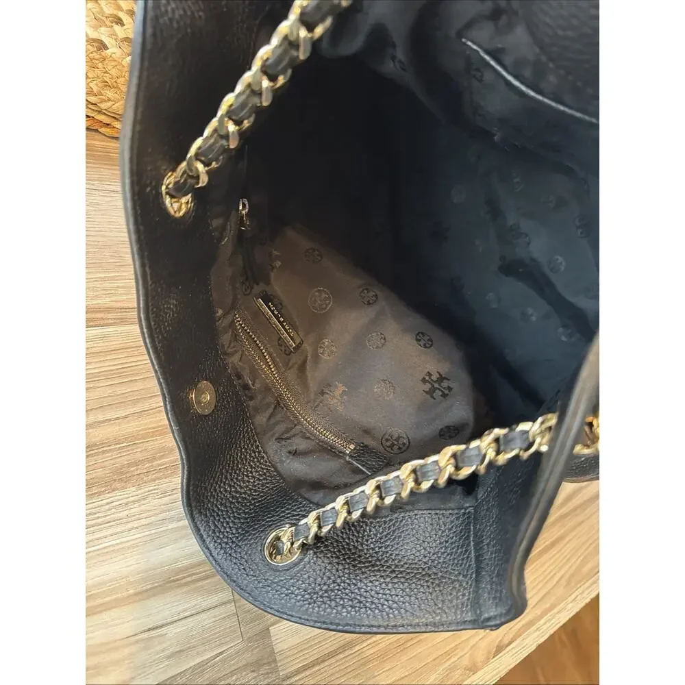Tory Burch Thea Slouchy Chain Tote Bag Black Pebble Leather Gold Chain EUC